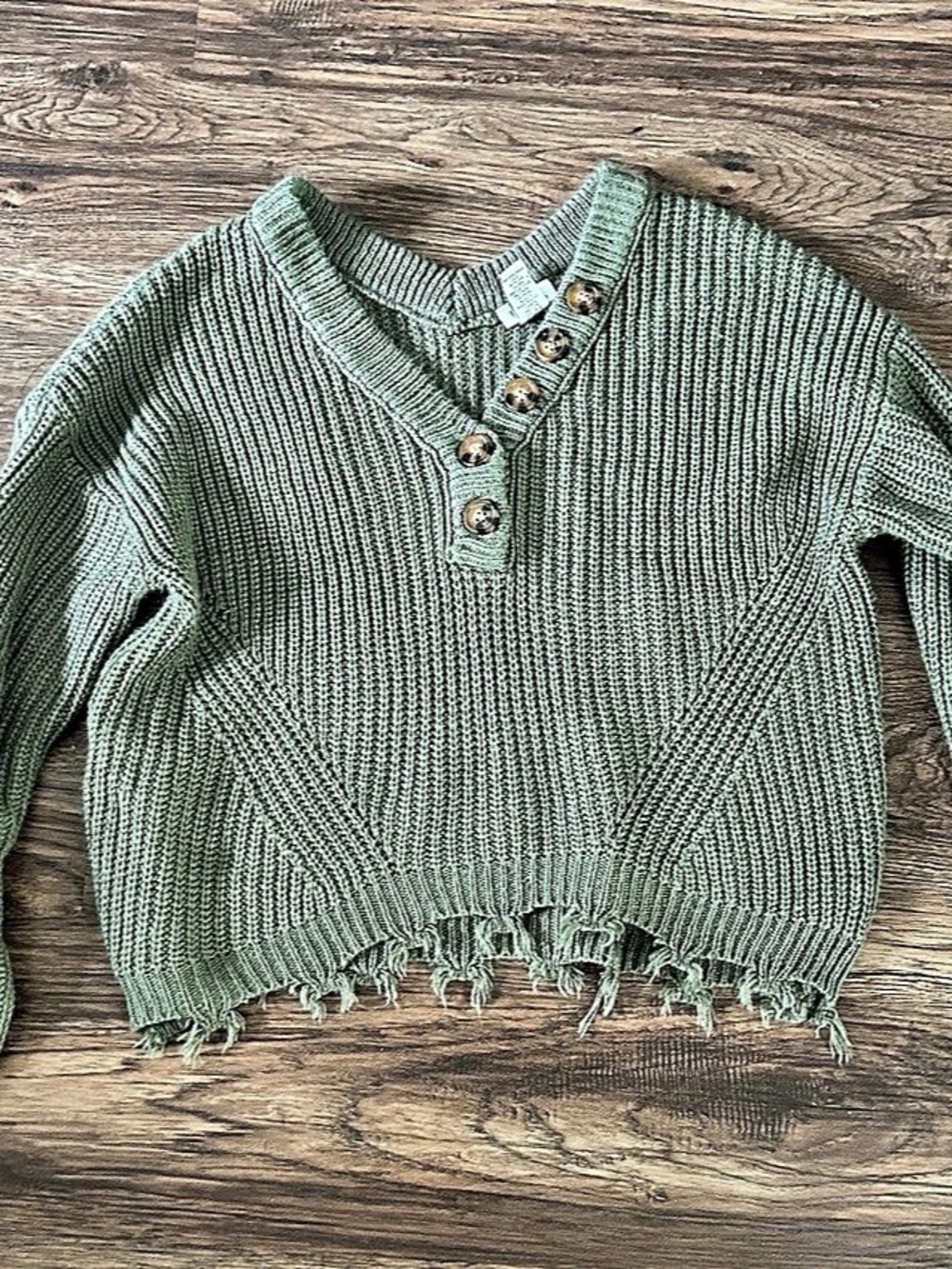 Olive Green Distressed V-Neck Sweater